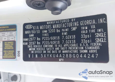 2011 Kia Sorento Ex V6 из США, поврежденный, VIN 5XYKU4A28BG044247